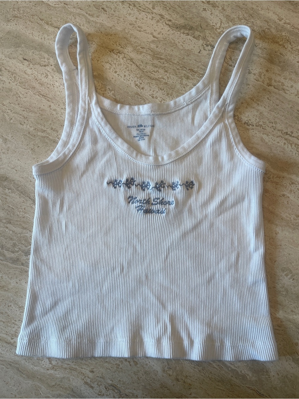 Brandy Melville White Ribbed Tank Top with Blue Floral Embroidery